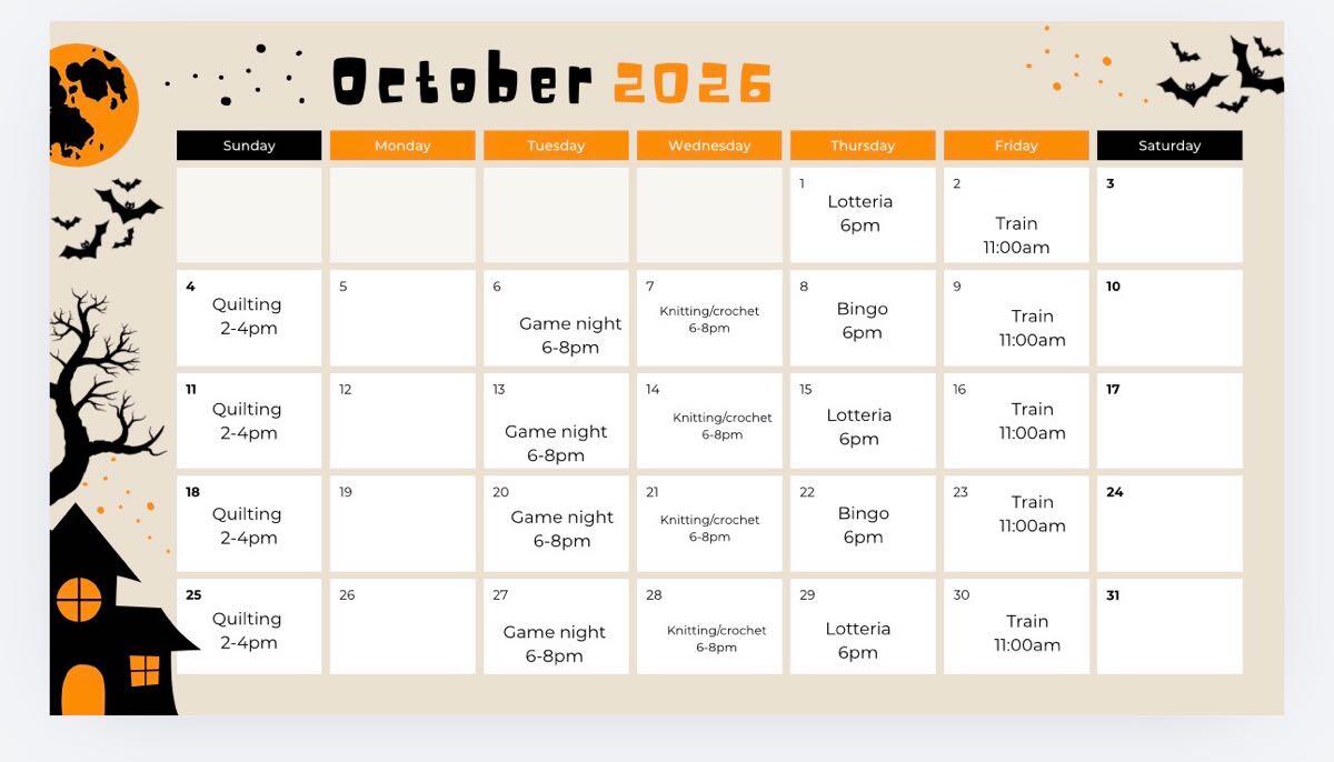 Monthly calendar for October 2026 listing events: quilting at 2pm, game night and knitting/crochet 6–8pm, bingo at 6pm, lotteria at 6pm, and train at 11:00am.